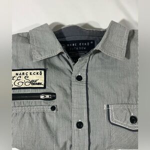 Marc Ecko Men's Black, Gray & White Striped Button Down Shirt W/Zipper Pocket LG